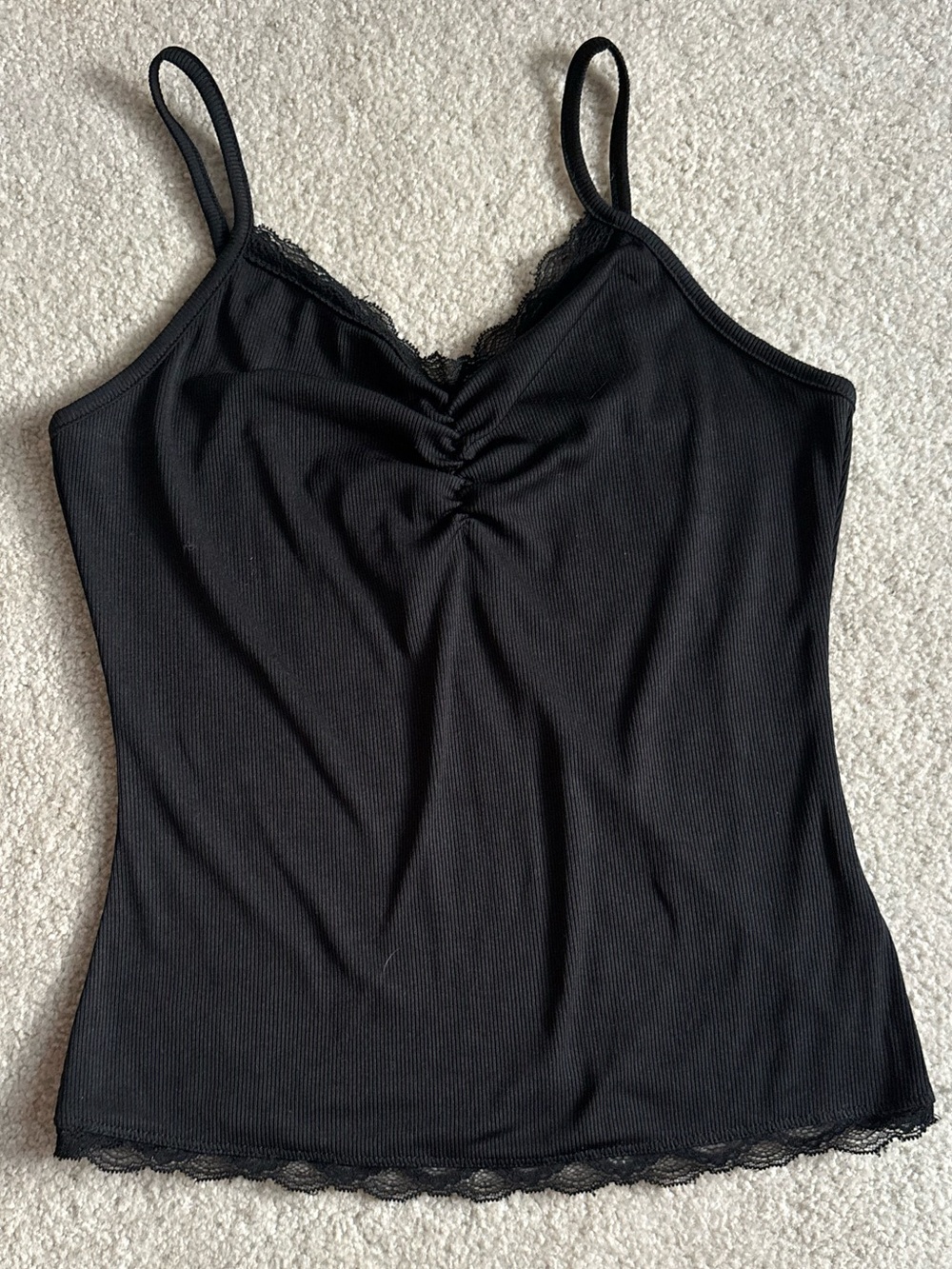 ROMWE Black Lace-Trim Ribbed Cami with Ruched V-Neck